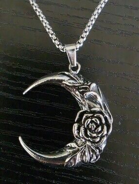 Silver Goth Crescent Rose Moon Chain Necklace
